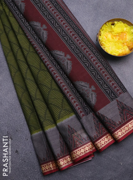 Muslin cotton saree sap green and maroon with allover prints and thread woven border