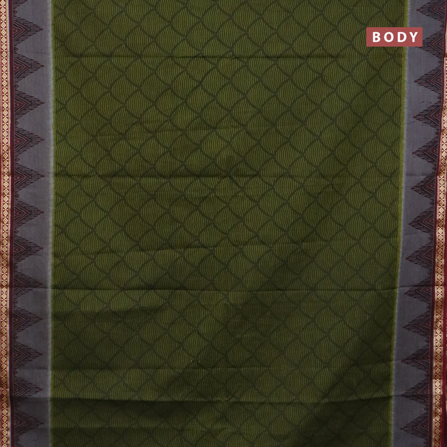 Muslin cotton saree sap green and maroon with allover prints and thread woven border