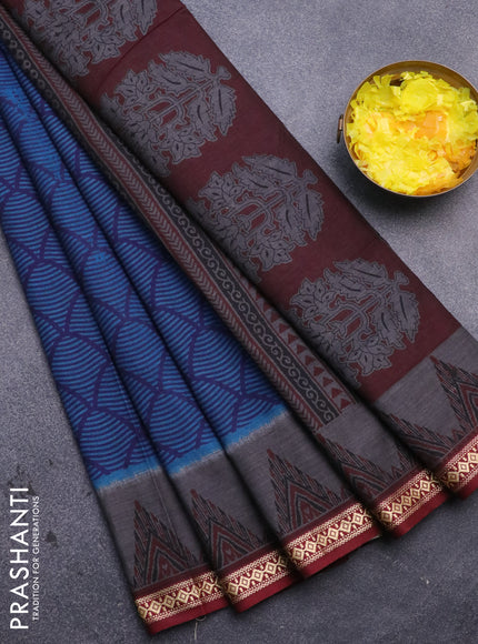 Muslin cotton saree blue and maroon with allover prints and thread woven border