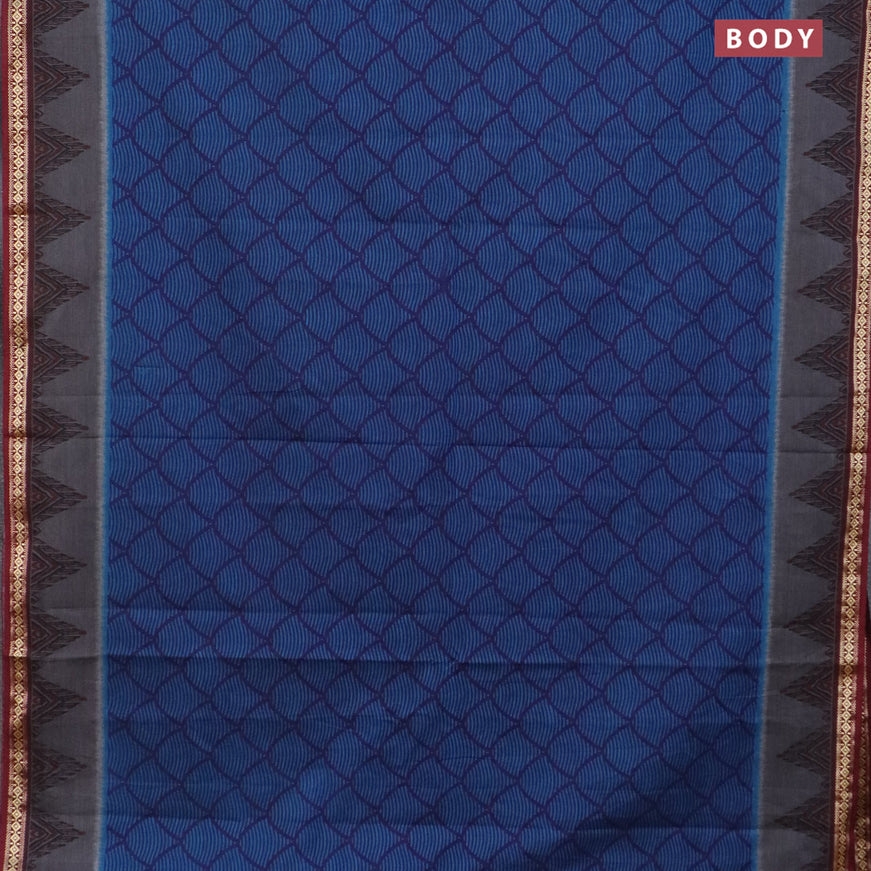 Muslin cotton saree blue and maroon with allover prints and thread woven border