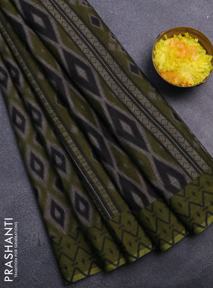 Muslin cotton saree sap green and grey with allover prints and small zari woven border