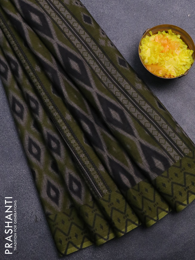 Muslin cotton saree sap green and grey with allover prints and small zari woven border