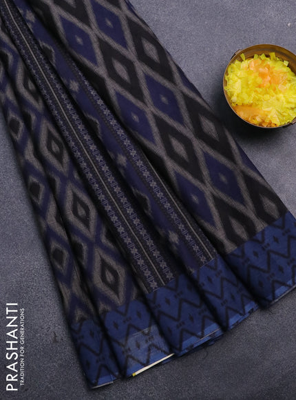 Muslin cotton saree blue and grey with allover prints and small zari woven border