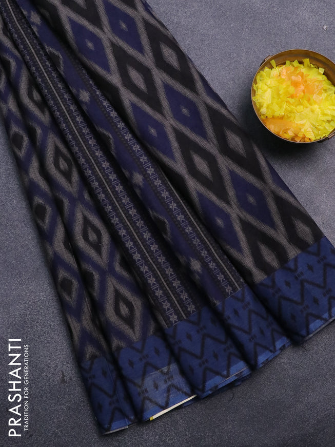 Muslin cotton saree blue and grey with allover prints and small zari woven border