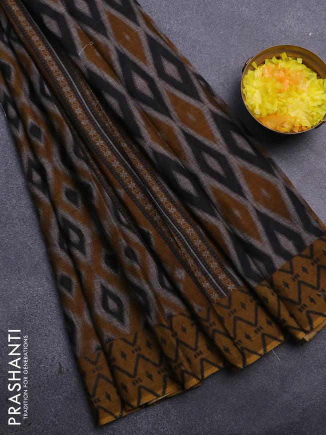 Muslin cotton saree dark mustard and grey with allover prints and small zari woven border