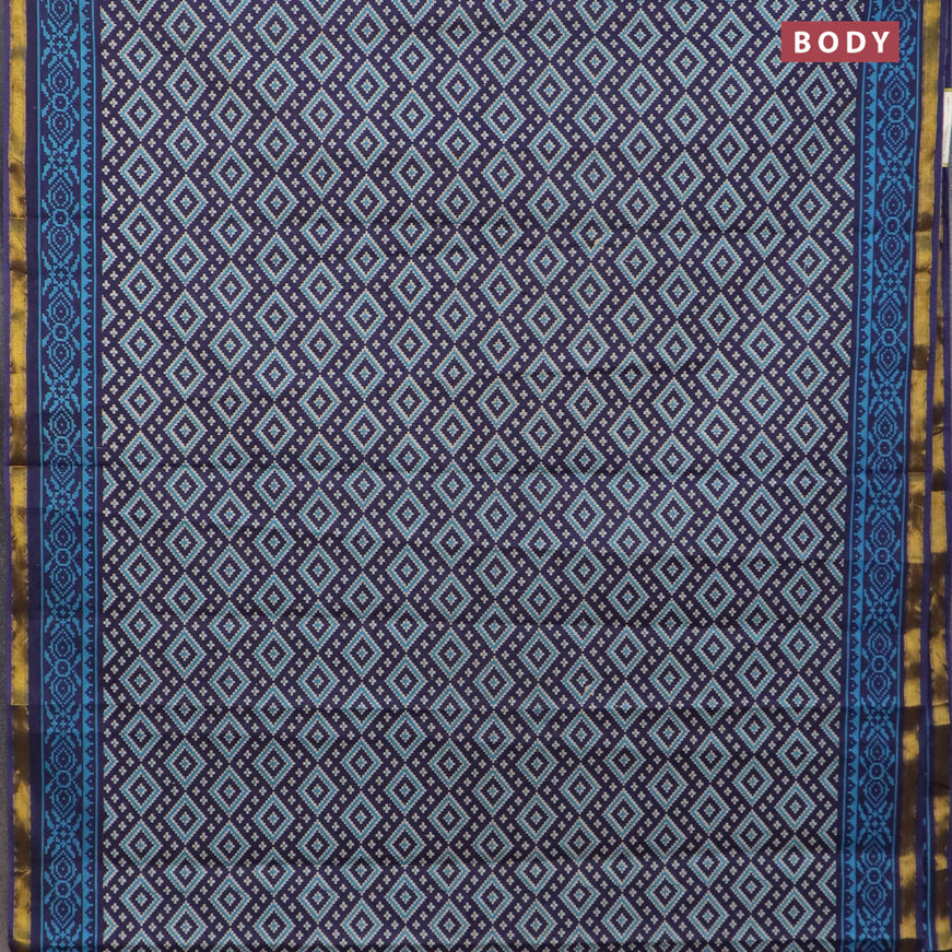 Muslin cotton saree blue with allover ikat prints and small zari woven border