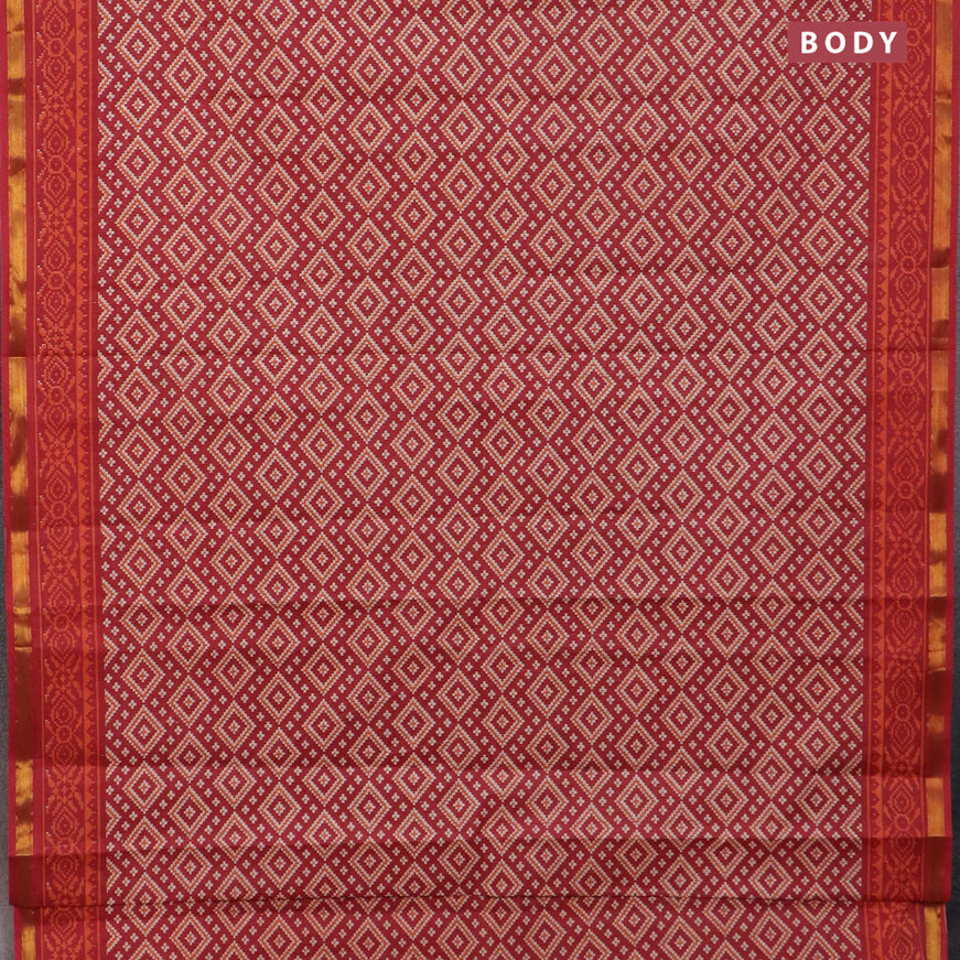 Muslin cotton saree red with allover ikat prints and small zari woven border