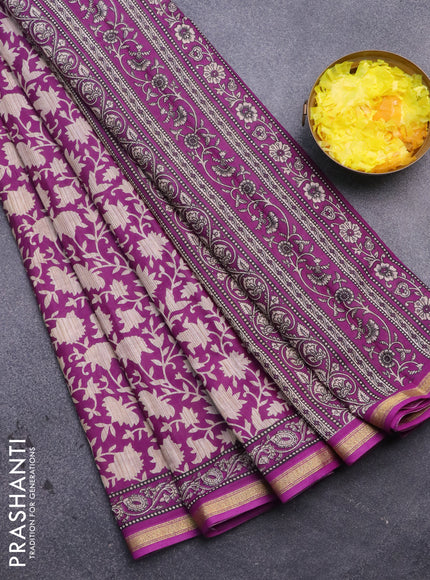 Muslin cotton saree purple and beige with allover prints and small zari woven border