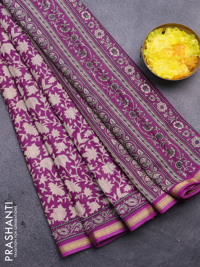 Muslin cotton saree purple and beige with allover prints and small zari woven border