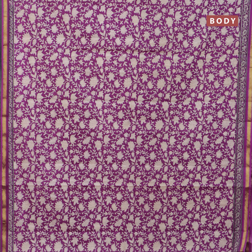 Muslin cotton saree purple and beige with allover prints and small zari woven border