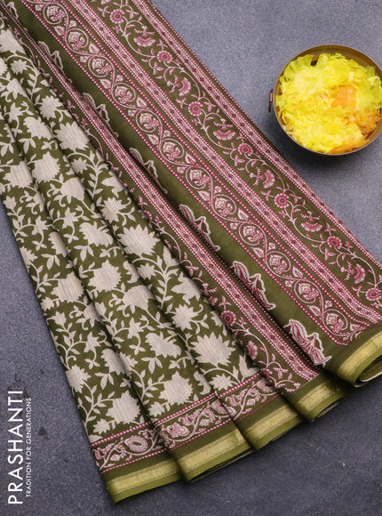 Muslin cotton saree sap green and beige with allover prints and small zari woven border