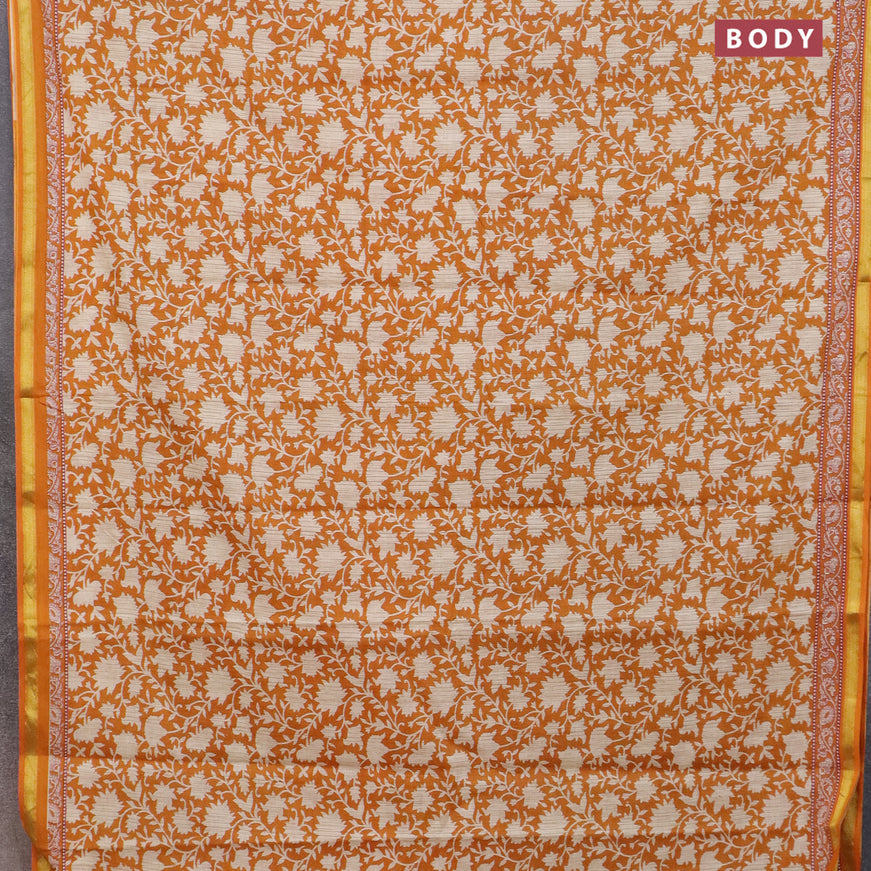 Muslin cotton saree mustard yellow and beige with allover prints and small zari woven border