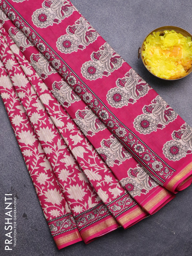 Muslin cotton saree pink and beige with allover prints and small zari woven border