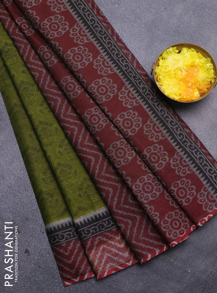 Muslin cotton saree mehendi green and maroon with allover prints and printed border