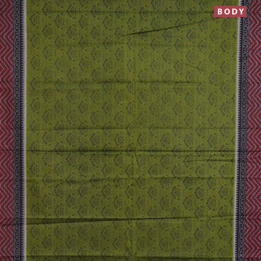 Muslin cotton saree mehendi green and maroon with allover prints and printed border