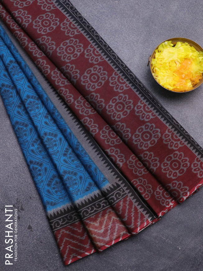 Muslin cotton saree cs blue and maroon with allover prints and printed border