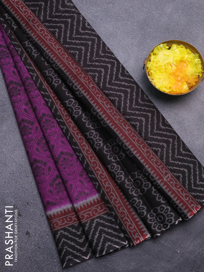 Muslin cotton saree purple and black with allover prints and printed border