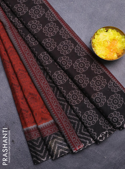 Muslin cotton saree orange and black with allover prints and printed border