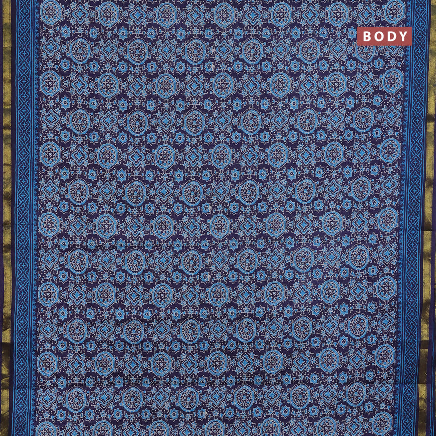 Muslin cotton saree blue with allover ajrakh prints and small zari woven border