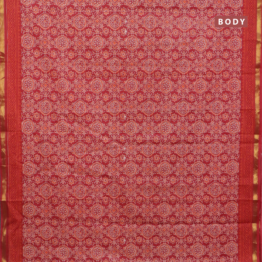 Muslin cotton saree red with allover ajrakh prints and small zari woven border