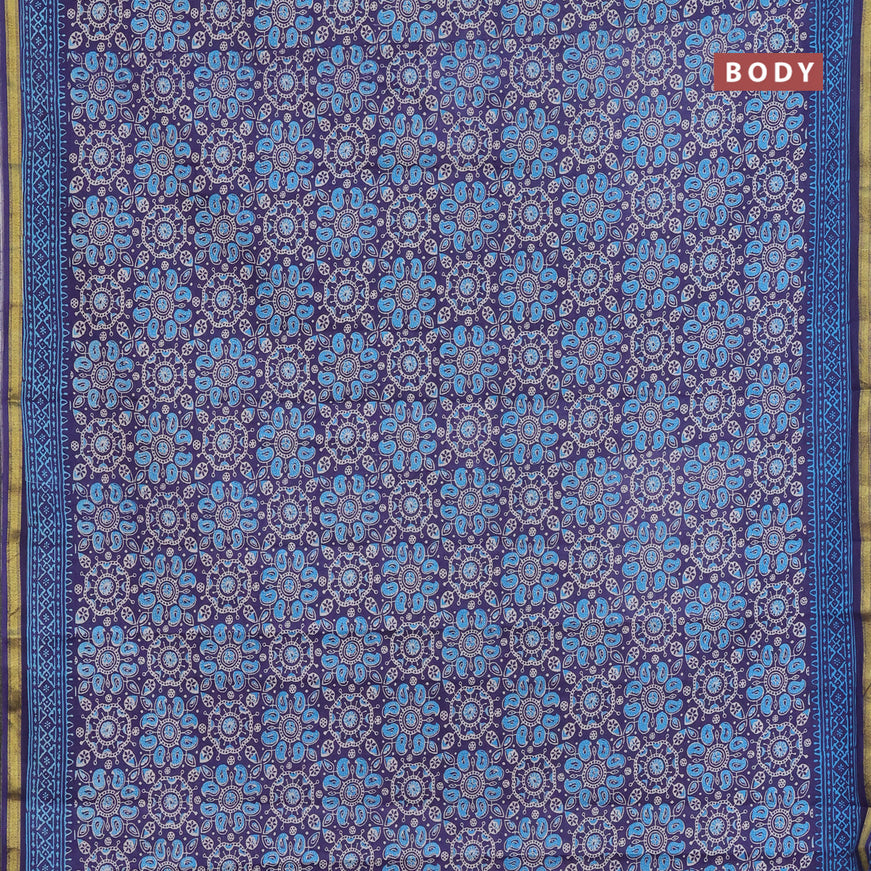 Muslin cotton saree blue with allover ajrakh prints and small zari woven border