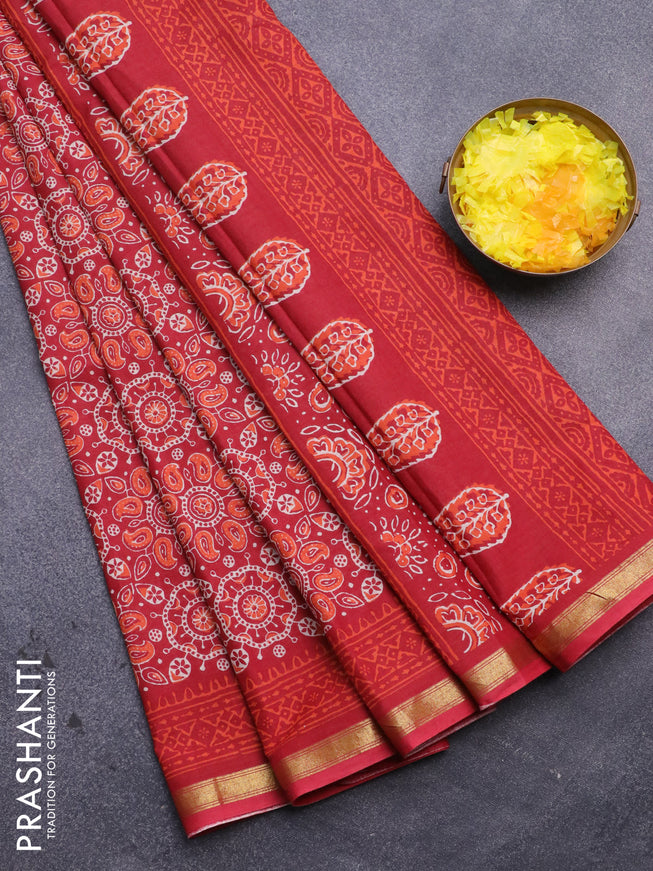 Muslin cotton saree red with allover ajrakh prints and small zari woven border