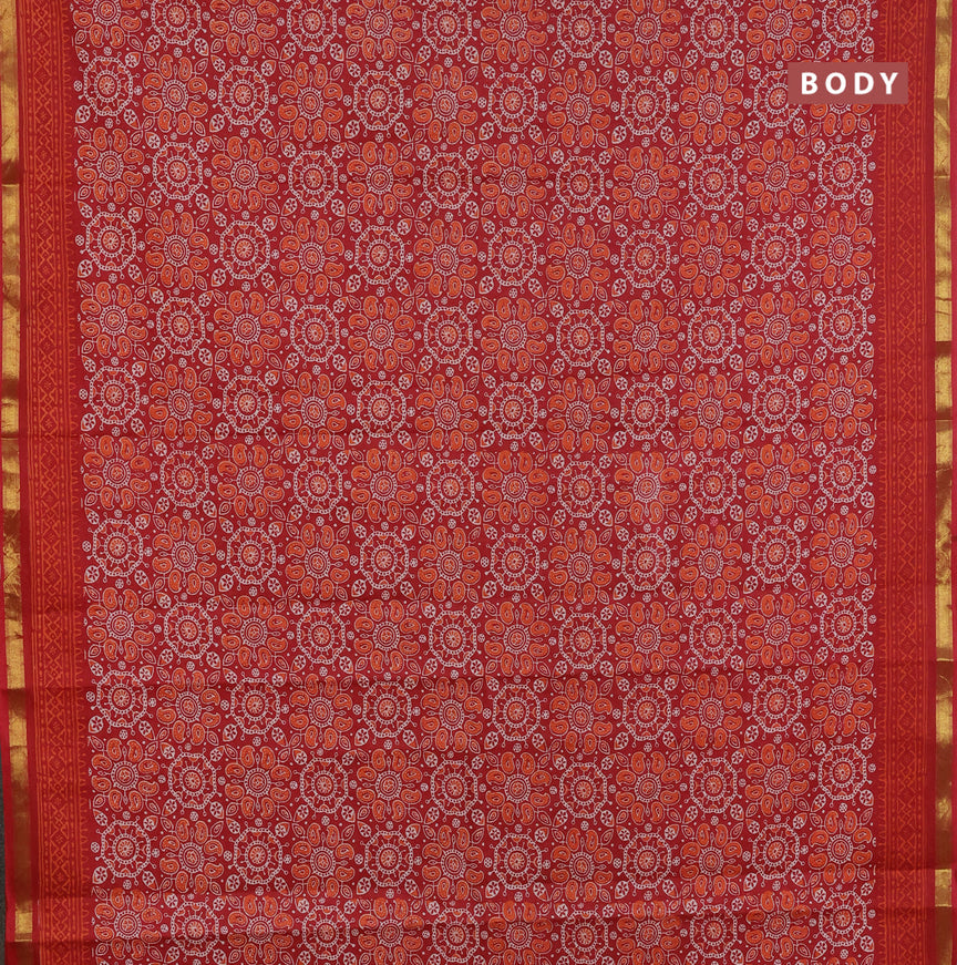 Muslin cotton saree red with allover ajrakh prints and small zari woven border