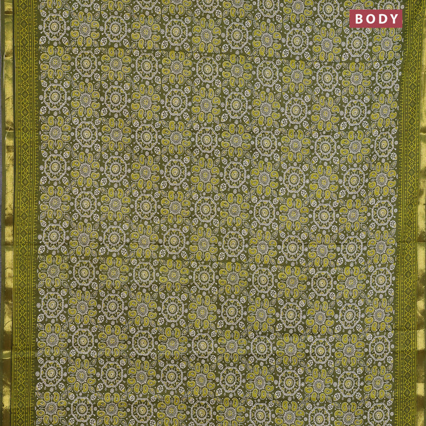 Muslin cotton saree sap green with allover ajrakh prints and small zari woven border