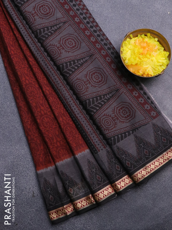 Muslin cotton saree maroon and black with allover prints and thread woven border