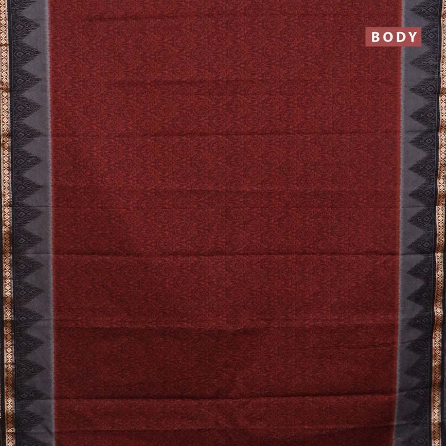 Muslin cotton saree maroon and black with allover prints and thread woven border