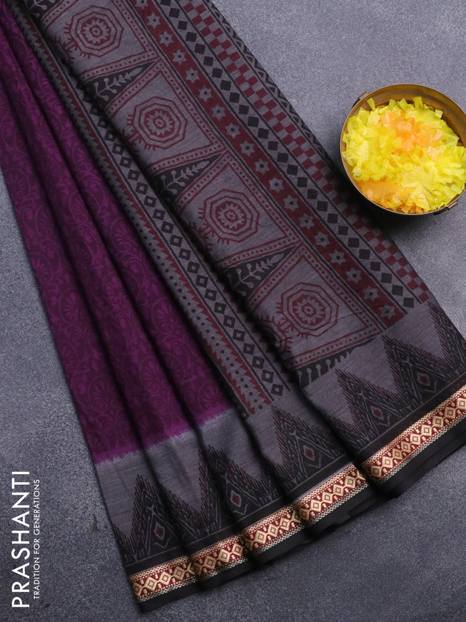 Muslin cotton saree purple and black with allover prints and thread woven border