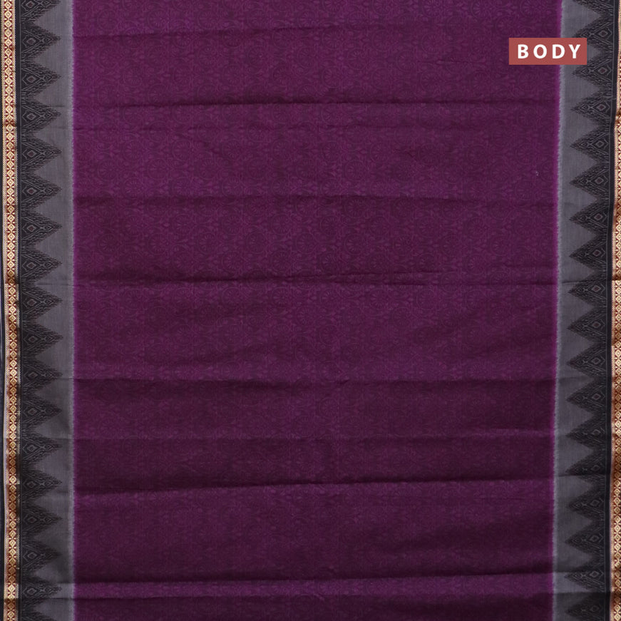 Muslin cotton saree purple and black with allover prints and thread woven border