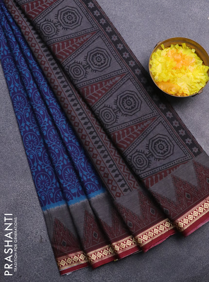 Muslin cotton saree blue and maroon with allover prints and thread woven border