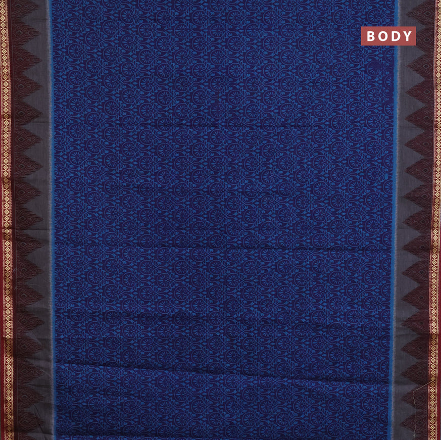 Muslin cotton saree blue and maroon with allover prints and thread woven border