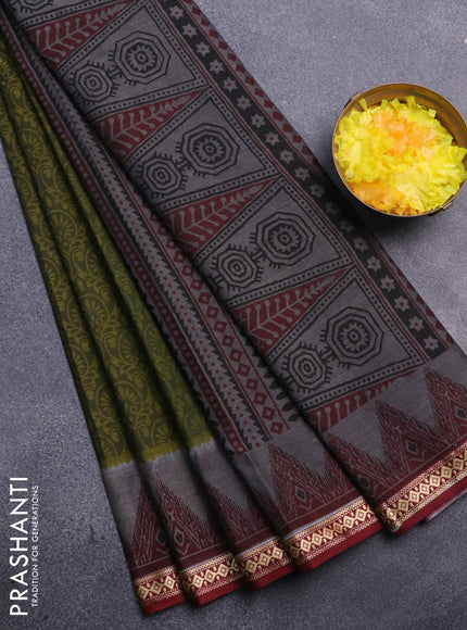 Muslin cotton saree sap green and maroon with allover prints and thread woven border