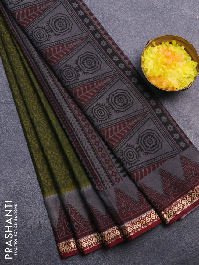 Muslin cotton saree sap green and maroon with allover prints and thread woven border