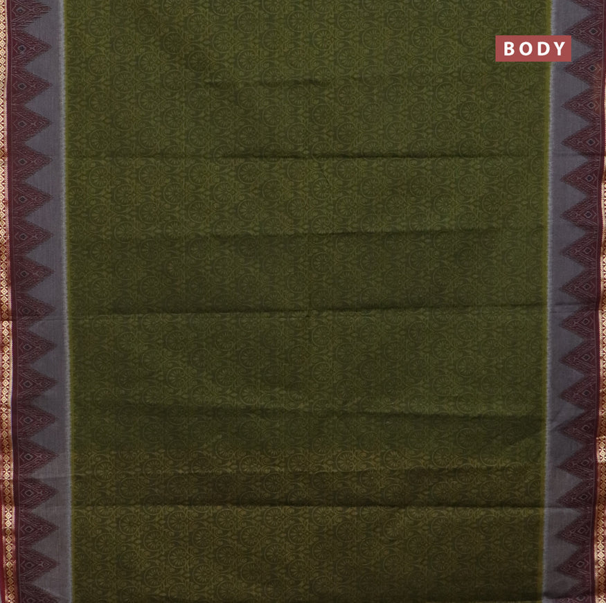 Muslin cotton saree sap green and maroon with allover prints and thread woven border