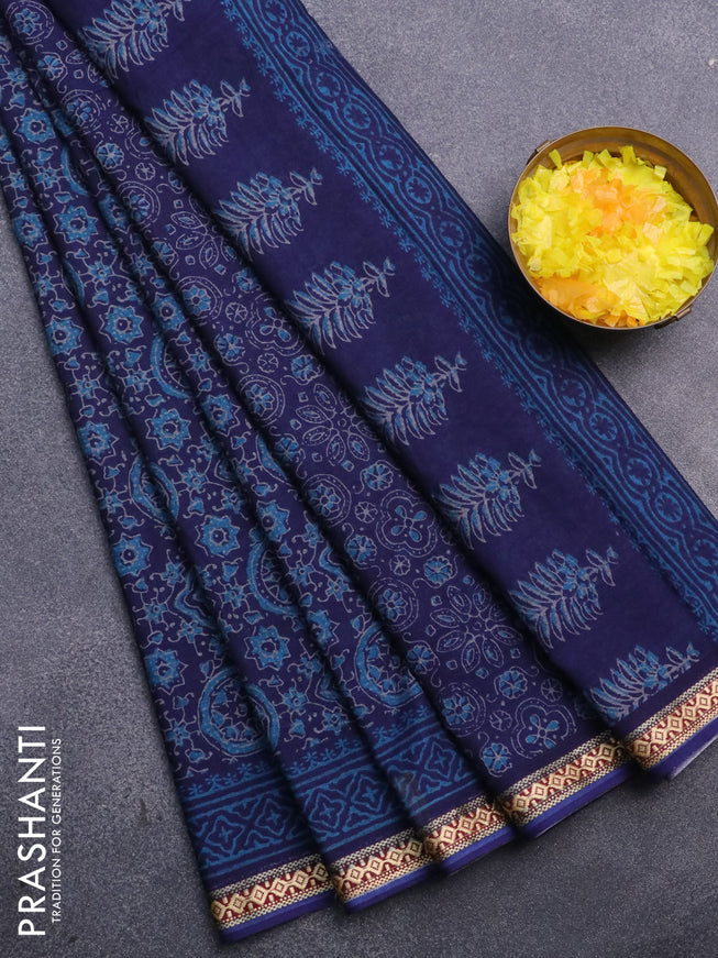 Muslin cotton saree blue with allover ajrakh prints and thread woven border