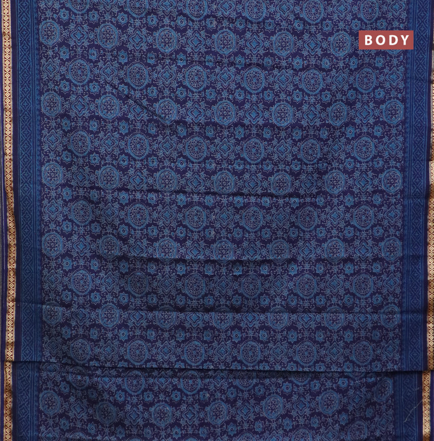 Muslin cotton saree blue with allover ajrakh prints and thread woven border