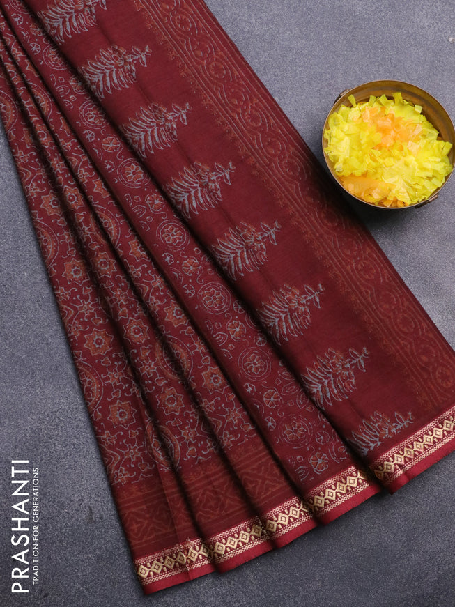 Muslin cotton saree maroon with allover ajrakh prints and thread woven border