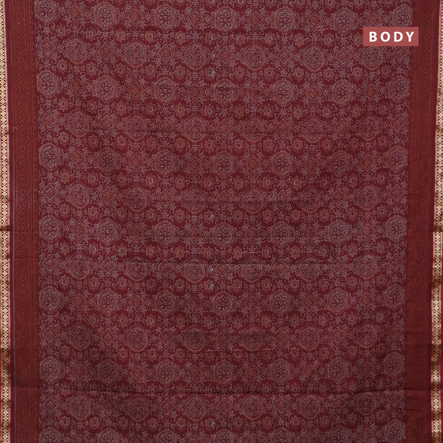 Muslin cotton saree maroon with allover ajrakh prints and thread woven border