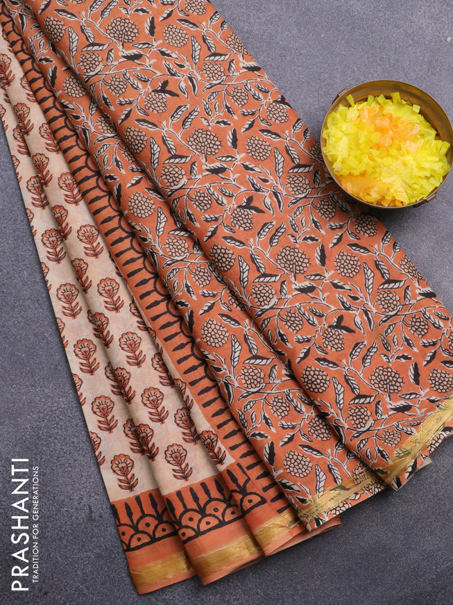 Muslin cotton saree sandal and orange with allover floral butta prints and small zari woven border