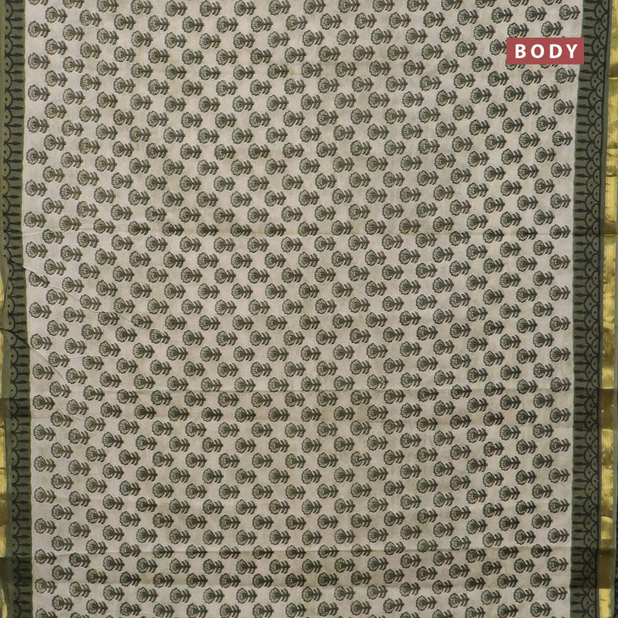 Muslin cotton saree cream and green with allover floral butta prints and small zari woven border