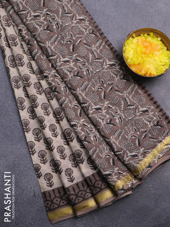 Muslin cotton saree beige and grey with allover floral butta prints and small zari woven border