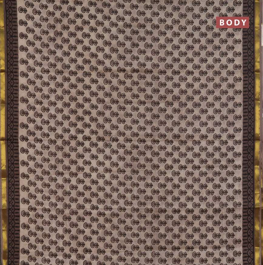 Muslin cotton saree beige and grey with allover floral butta prints and small zari woven border