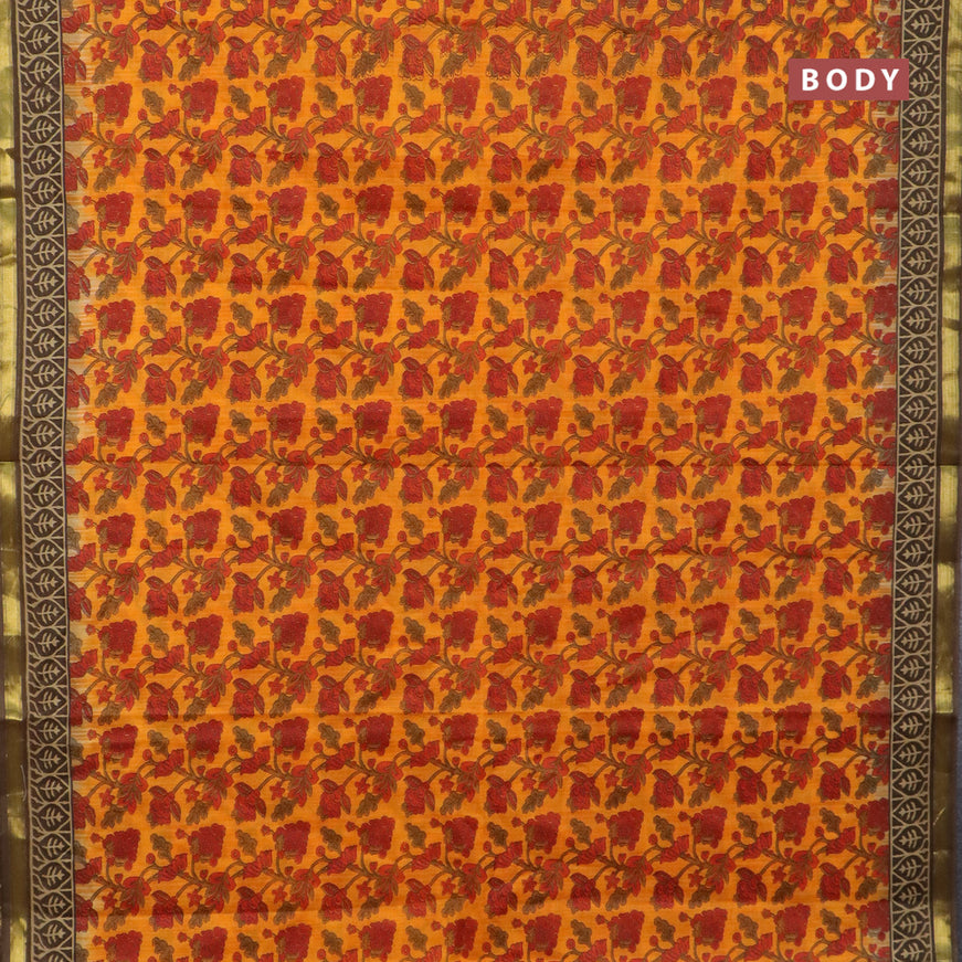 Muslin cotton saree orange and brown with allover kalamkari prints and small zari woven border