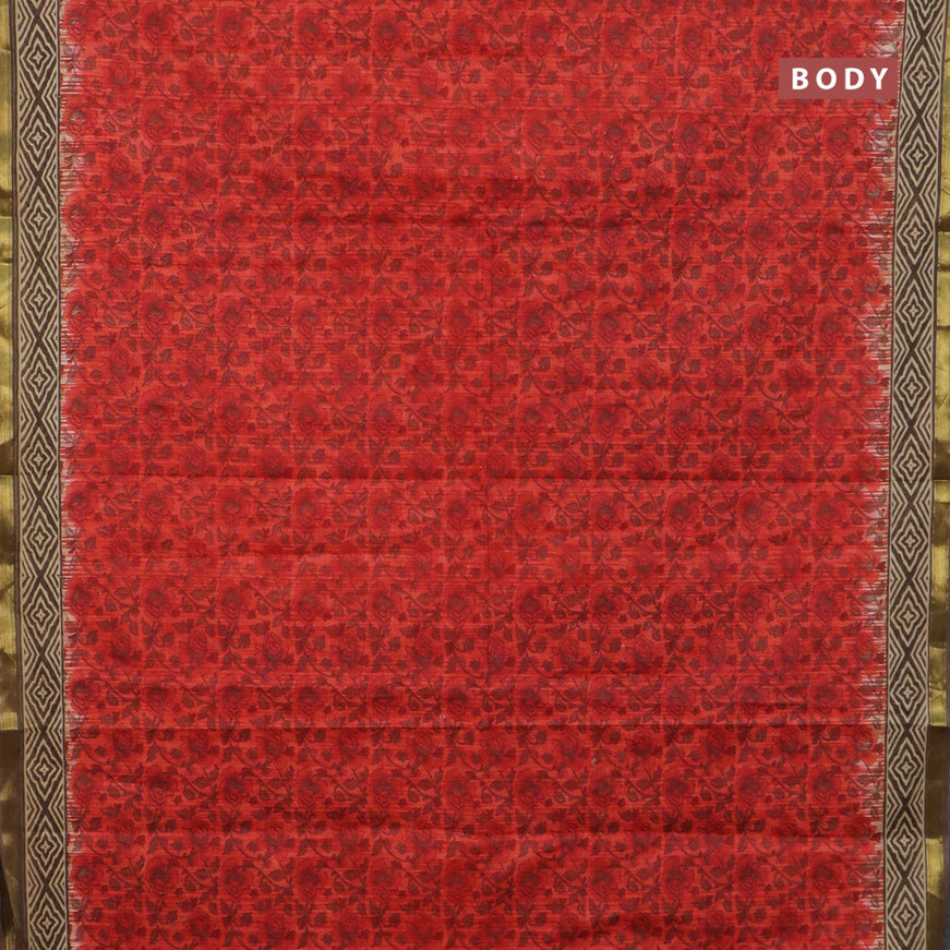 Muslin cotton saree reddish orange and brown with allover floral prints and small zari woven border