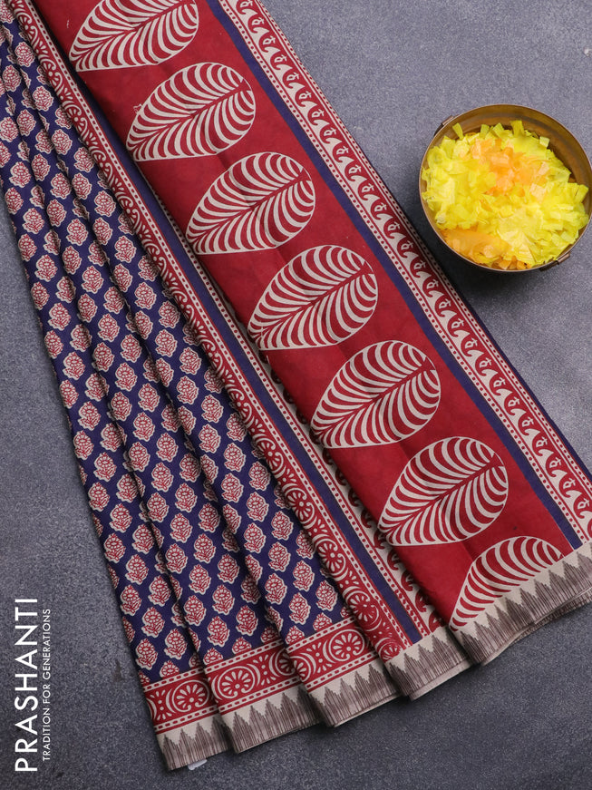 Muslin cotton saree blue and maroon grey with allover floral butta prints and printed border