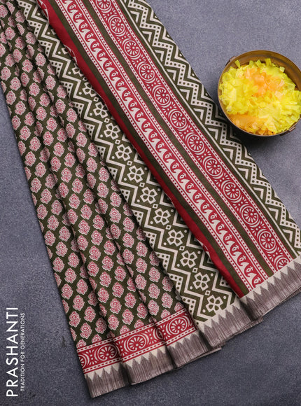 Muslin cotton saree sap green and maroon grey with allover floral butta prints and printed border