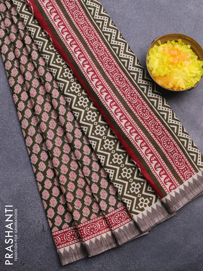 Muslin cotton saree sap green and maroon grey with allover floral butta prints and printed border